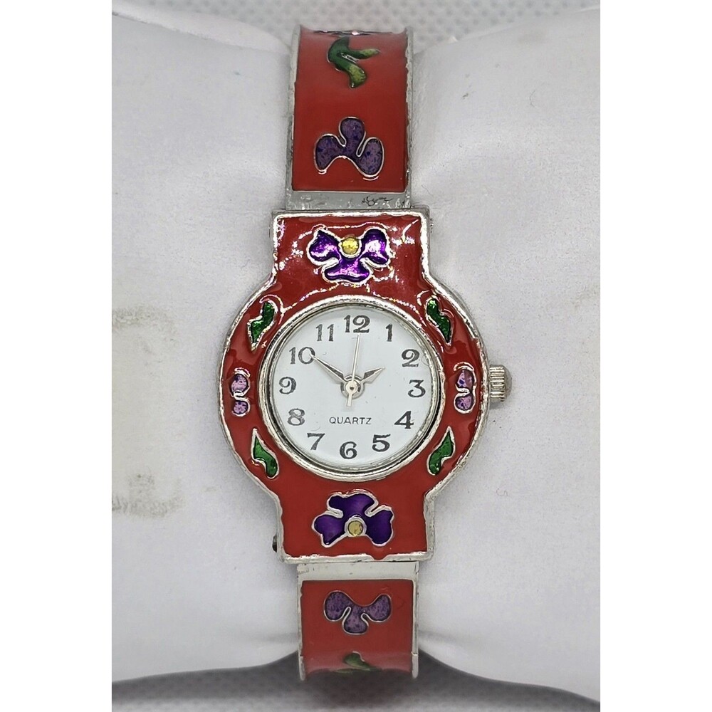 Women's Trendy Round Floral Red Silver Tone Cuff Bracelet Watch 13